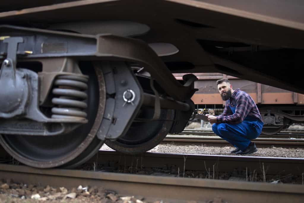 railroad worker inspecting wheels and brakes of the freight train.